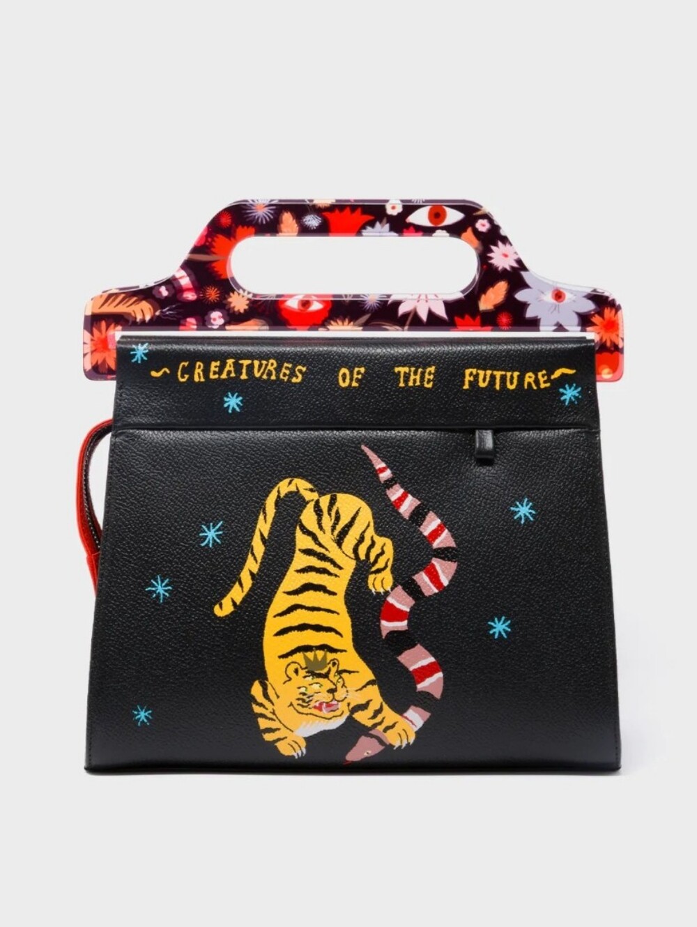 MIN & MON VALI LEATHER CROSSBODY BAG PLASTIC HANDLE - TIGER AND SNAKE PRINT